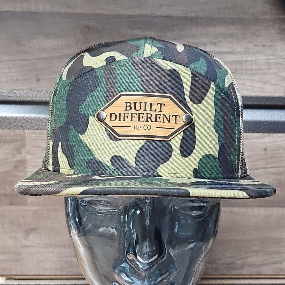 BUILT DIFFERENT  RF Co. Camo Trucker Snapback Hat 7 Panels Cap Patch Rivets